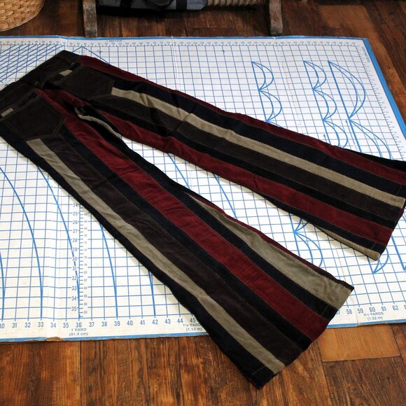Rare Y2K Bebe Striped Patchwork Corduroy Low Rider Bell Bottoms, 28L, Free Ship - Picture 2 of 8